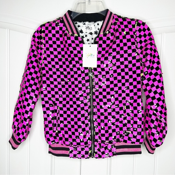 Lola + The Boys Pink Sequin Bomber Jacket Skater Princess Check NEW Girls 8 - Picture 3 of 7